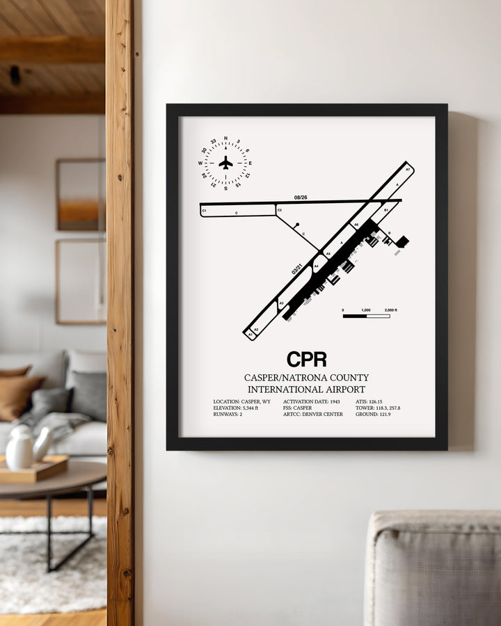 Framed Detailed Airport Map of Casper/Natrona County International Airport (CPR) in White with a Black Frame