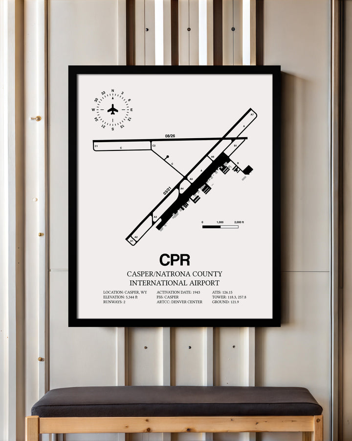 Framed Detailed Airport Map of Casper/Natrona County International Airport (CPR) in White with a Black Frame