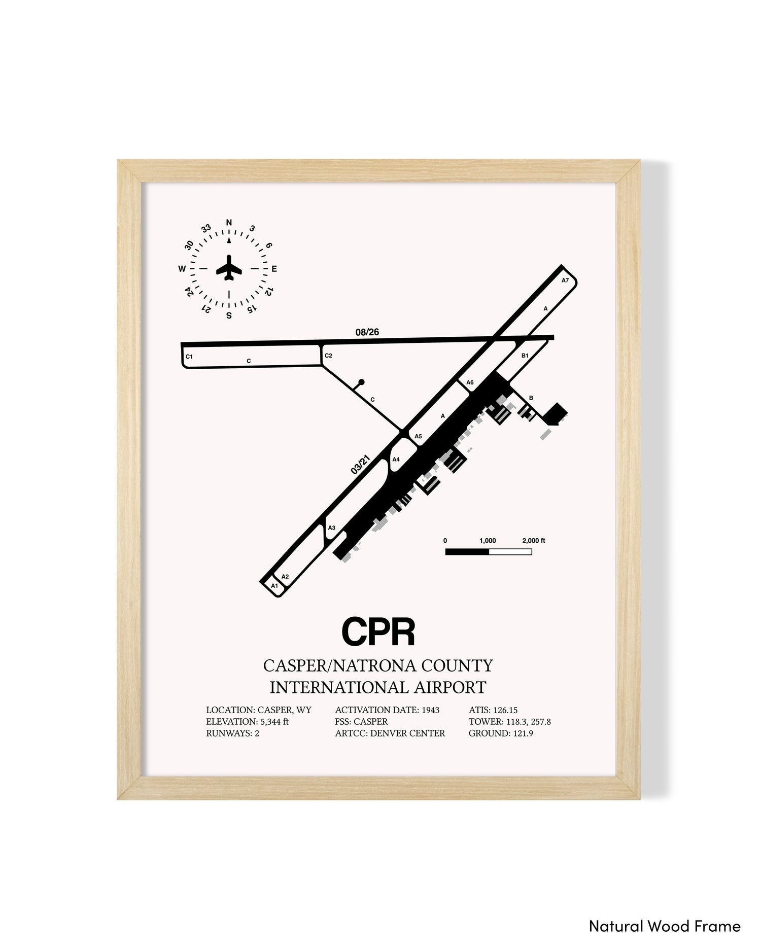 Detailed Airport Map of Casper/Natrona County International Airport (CPR) in White with a Natural Frame