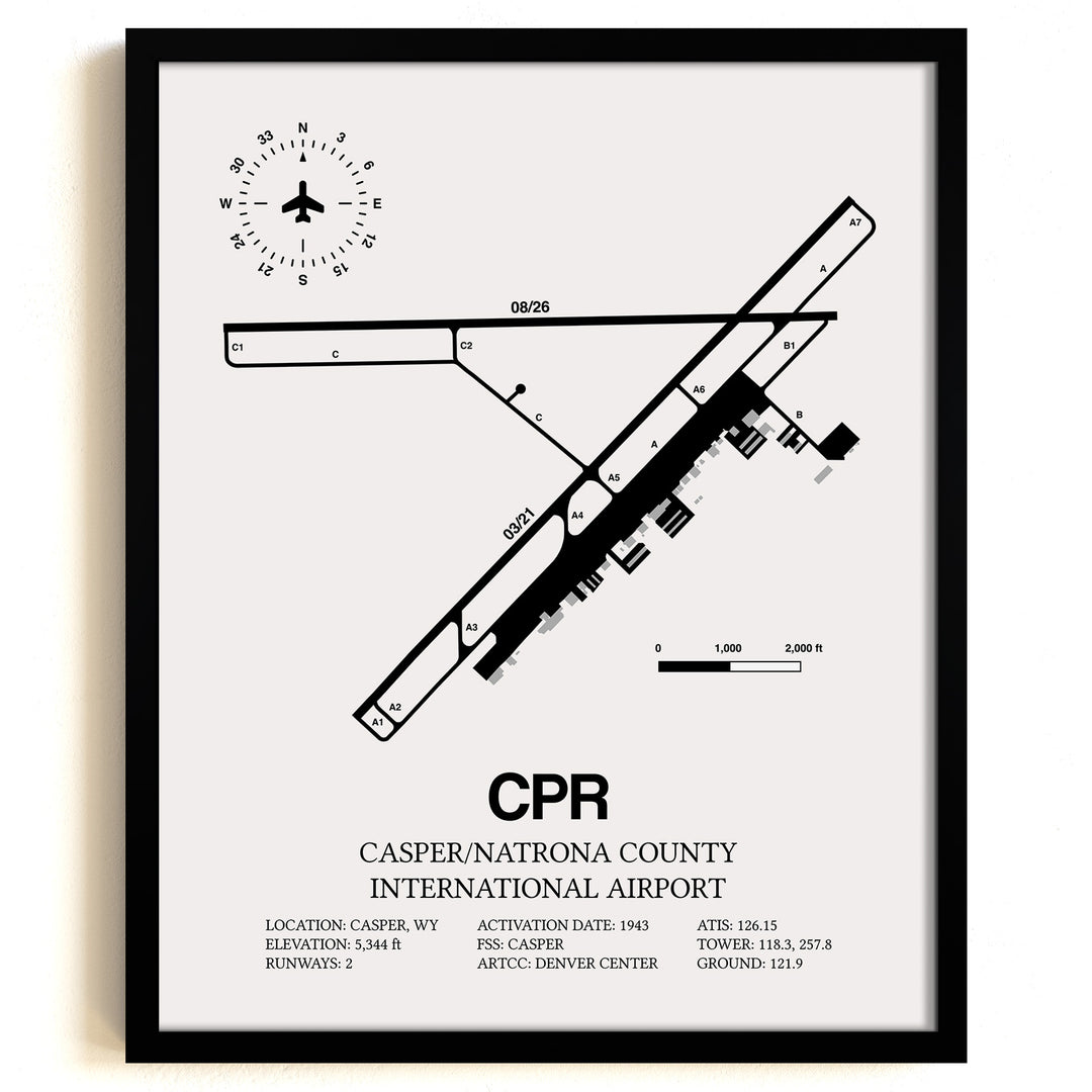 Framed Detailed Airport Map of Casper/Natrona County International Airport (CPR) in White with a Black Frame