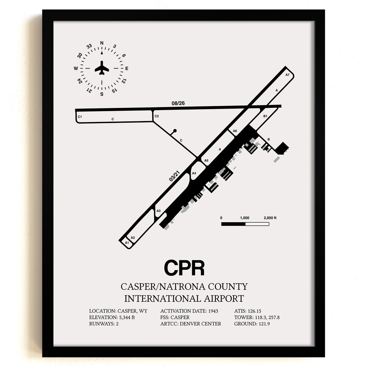 Framed Detailed Airport Map of Casper/Natrona County International Airport (CPR) in White with a Black Frame