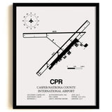 Framed Detailed Airport Map of Casper/Natrona County International Airport (CPR) in White with a Black Frame