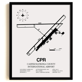 Framed Detailed Airport Map of Casper/Natrona County International Airport (CPR) in White with a Black Frame