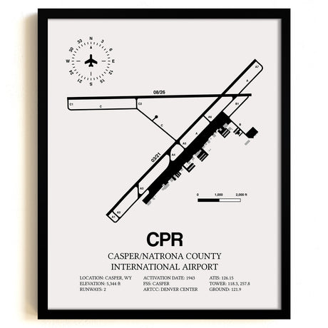 Framed Detailed Airport Map of Casper/Natrona County International Airport (CPR) in White with a Black Frame