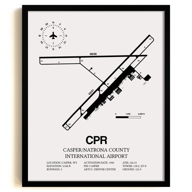 Framed Detailed Airport Map of Casper/Natrona County International Airport (CPR) in White with a Black Frame