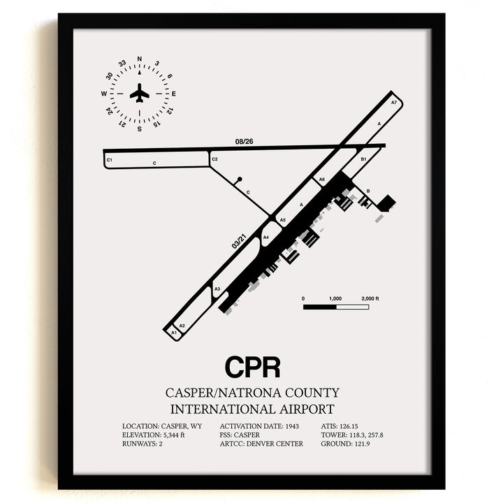 Framed Detailed Airport Map of Casper/Natrona County International Airport (CPR) in White with a Black Frame