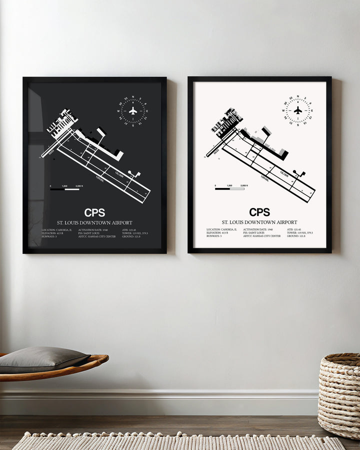 Framed Detailed Airport Map of St. Louis Downtown Airport (CPS) in White and Gray