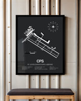 Framed Detailed Airport Map of St. Louis Downtown Airport (CPS) in Gray with a Black Frame