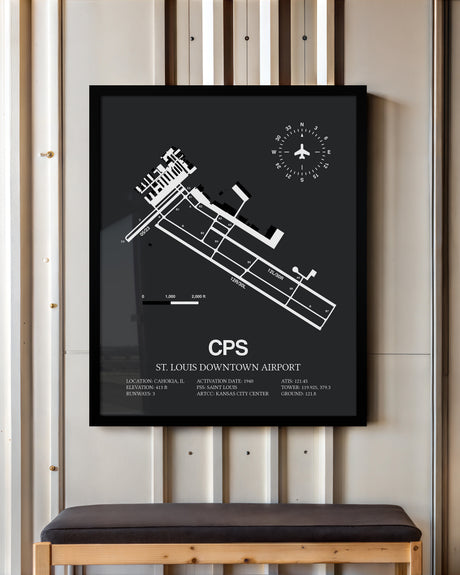 Framed Detailed Airport Map of St. Louis Downtown Airport (CPS) in Gray with a Black Frame