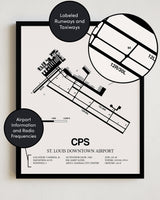 Framed Detailed Airport Map of St. Louis Downtown Airport (CPS) in White with a Black Frame