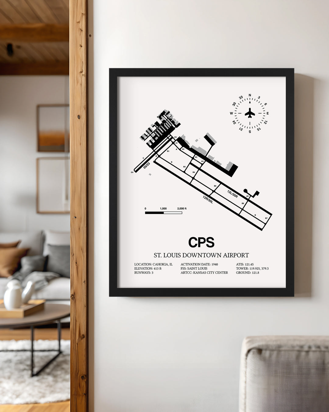 Framed Detailed Airport Map of St. Louis Downtown Airport (CPS) in White with a Black Frame