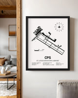 Framed Detailed Airport Map of St. Louis Downtown Airport (CPS) in White with a Black Frame