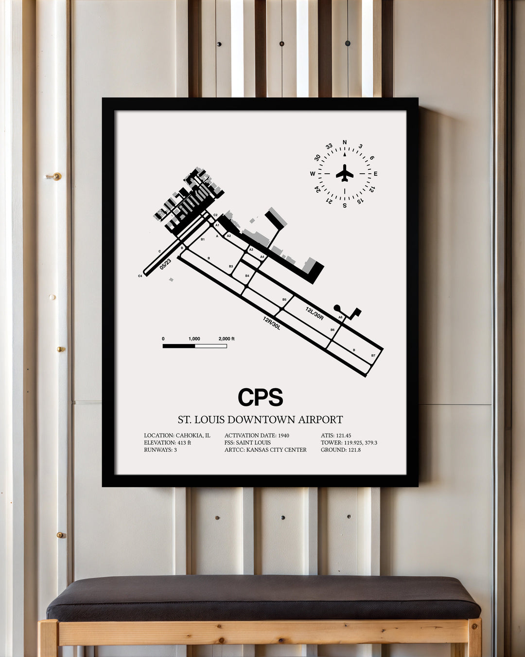 Framed Detailed Airport Map of St. Louis Downtown Airport (CPS) in White with a Black Frame