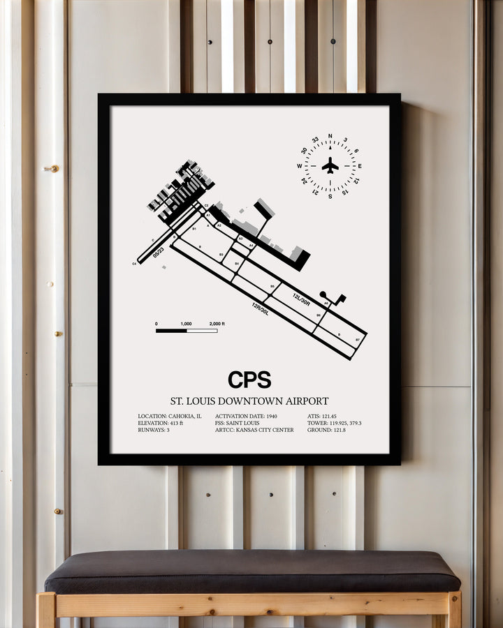 Framed Detailed Airport Map of St. Louis Downtown Airport (CPS) in White with a Black Frame