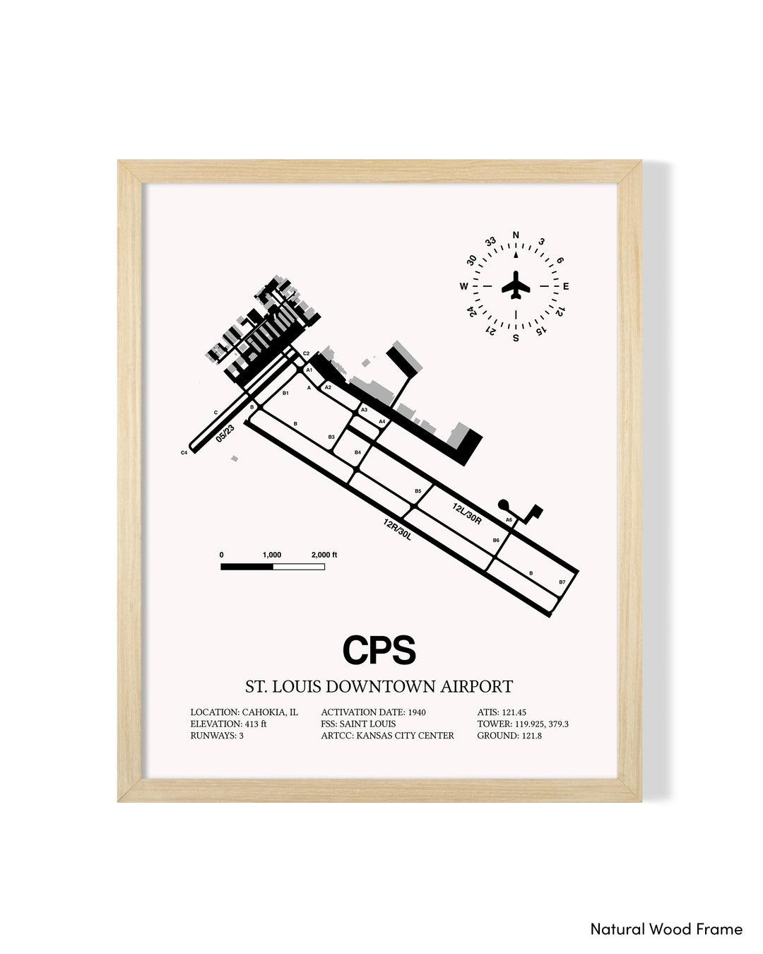 Detailed Airport Map of St. Louis Downtown Airport (CPS) in White with a Natural Frame