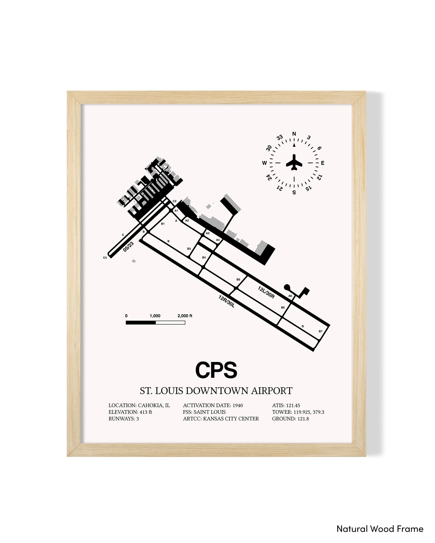 Detailed Airport Map of St. Louis Downtown Airport (CPS) in White with a Natural Frame