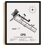 Framed Detailed Airport Map of St. Louis Downtown Airport (CPS) in White with a Black Frame