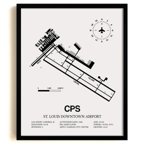 Framed Detailed Airport Map of St. Louis Downtown Airport (CPS) in White with a Black Frame