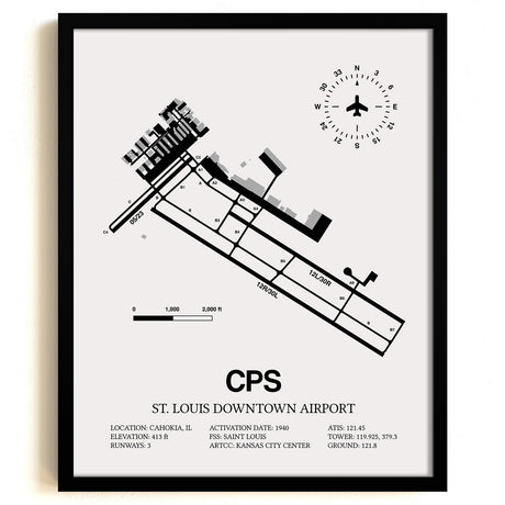 Framed Detailed Airport Map of St. Louis Downtown Airport (CPS) in White with a Black Frame