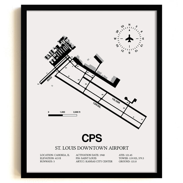 Framed Detailed Airport Map of St. Louis Downtown Airport (CPS) in White with a Black Frame