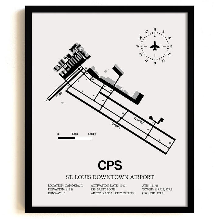 Framed Detailed Airport Map of St. Louis Downtown Airport (CPS) in White with a Black Frame