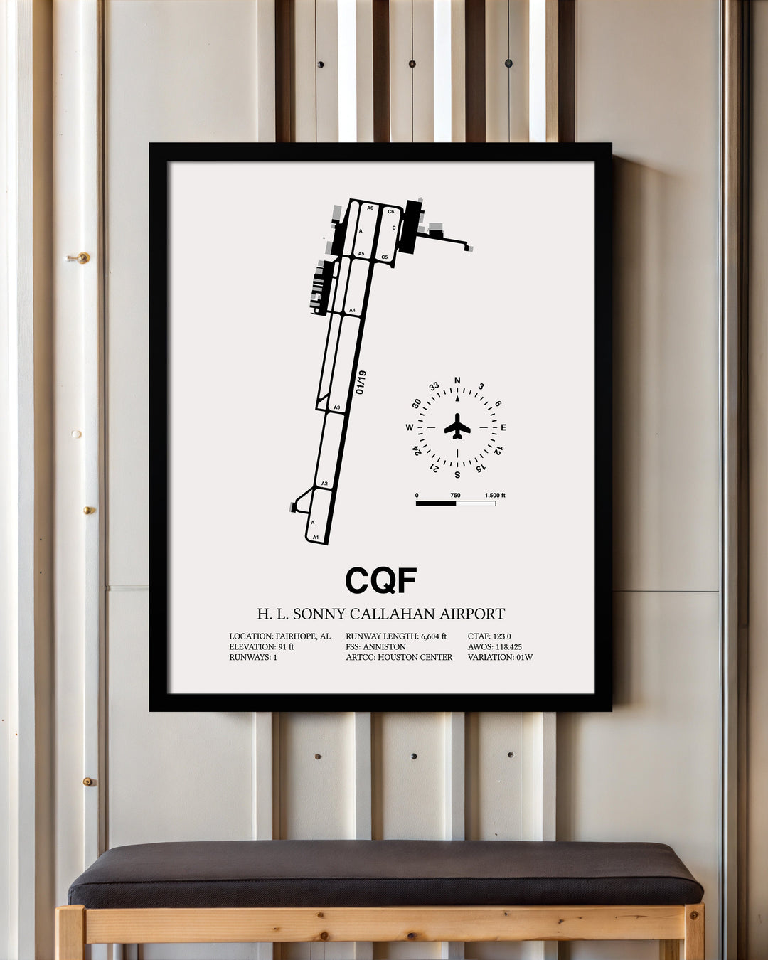 Framed Detailed Airport Map of H. L. Sonny Callahan Airport (CQF) in White with a Black Frame