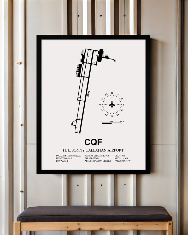 Framed Detailed Airport Map of H. L. Sonny Callahan Airport (CQF) in White with a Black Frame