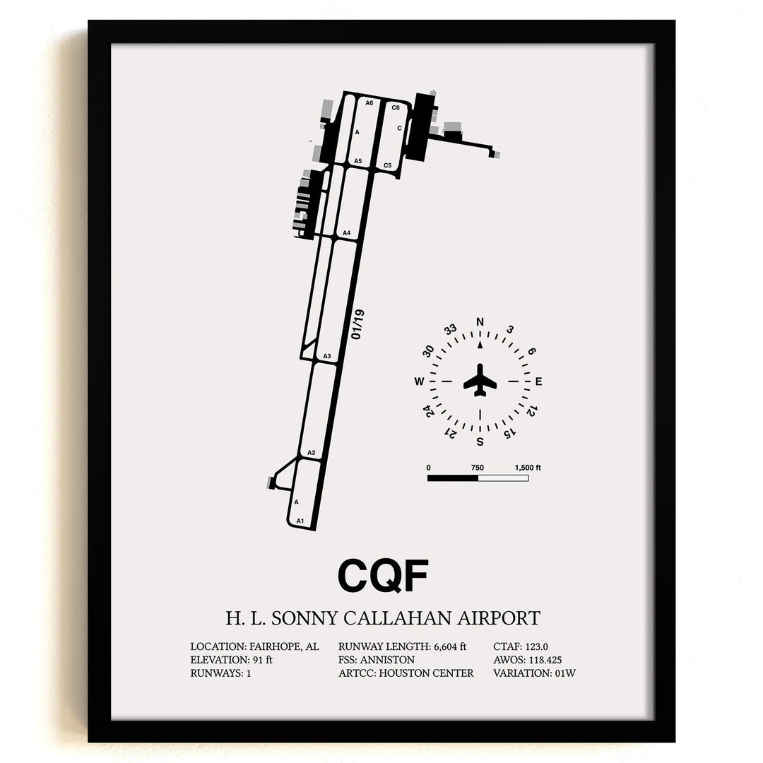 Framed Detailed Airport Map of H. L. Sonny Callahan Airport (CQF) in White with a Black Frame