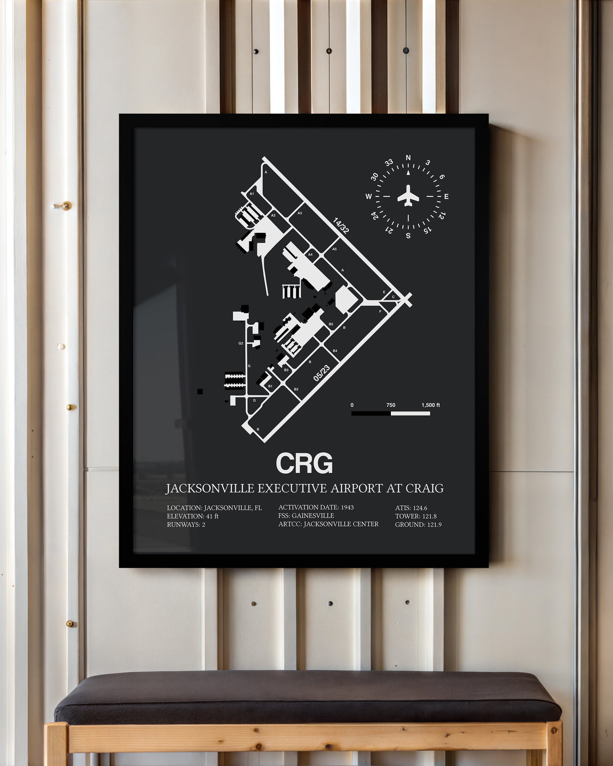 Framed Detailed Airport Map of Jacksonville Executive Airport at Craig (CRG) in Gray with a Black Frame