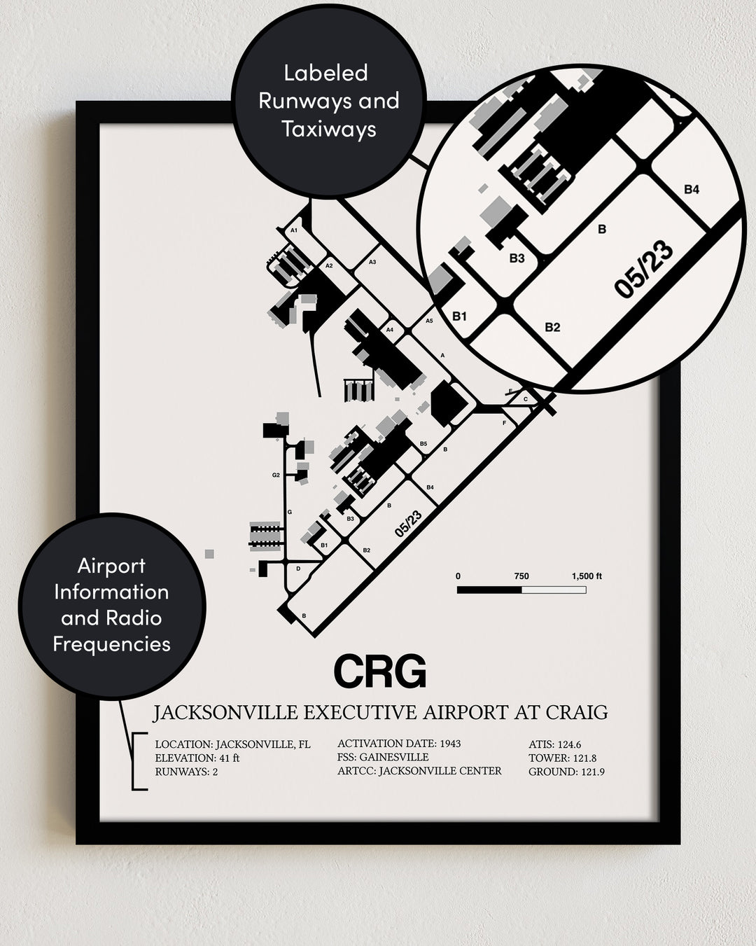Framed Detailed Airport Map of Jacksonville Executive Airport at Craig (CRG) in White with a Black Frame