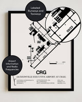 Framed Detailed Airport Map of Jacksonville Executive Airport at Craig (CRG) in White with a Black Frame