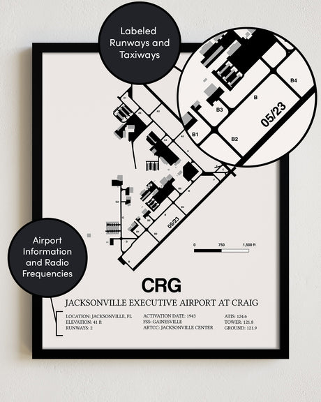 Framed Detailed Airport Map of Jacksonville Executive Airport at Craig (CRG) in White with a Black Frame