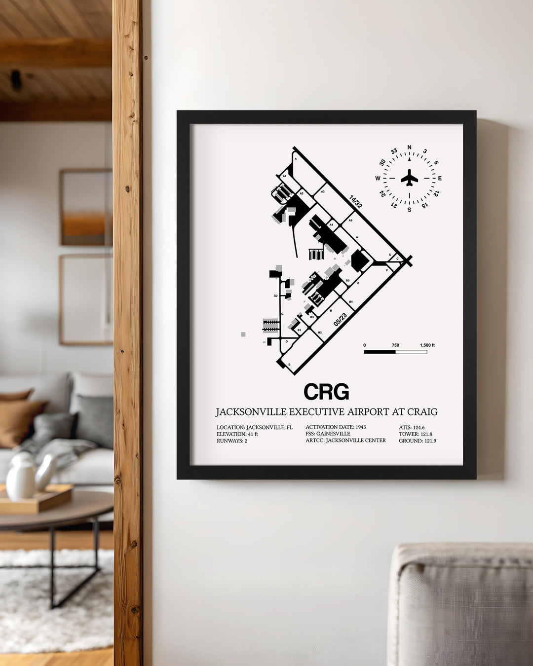Framed Detailed Airport Map of Jacksonville Executive Airport at Craig (CRG) in White with a Black Frame