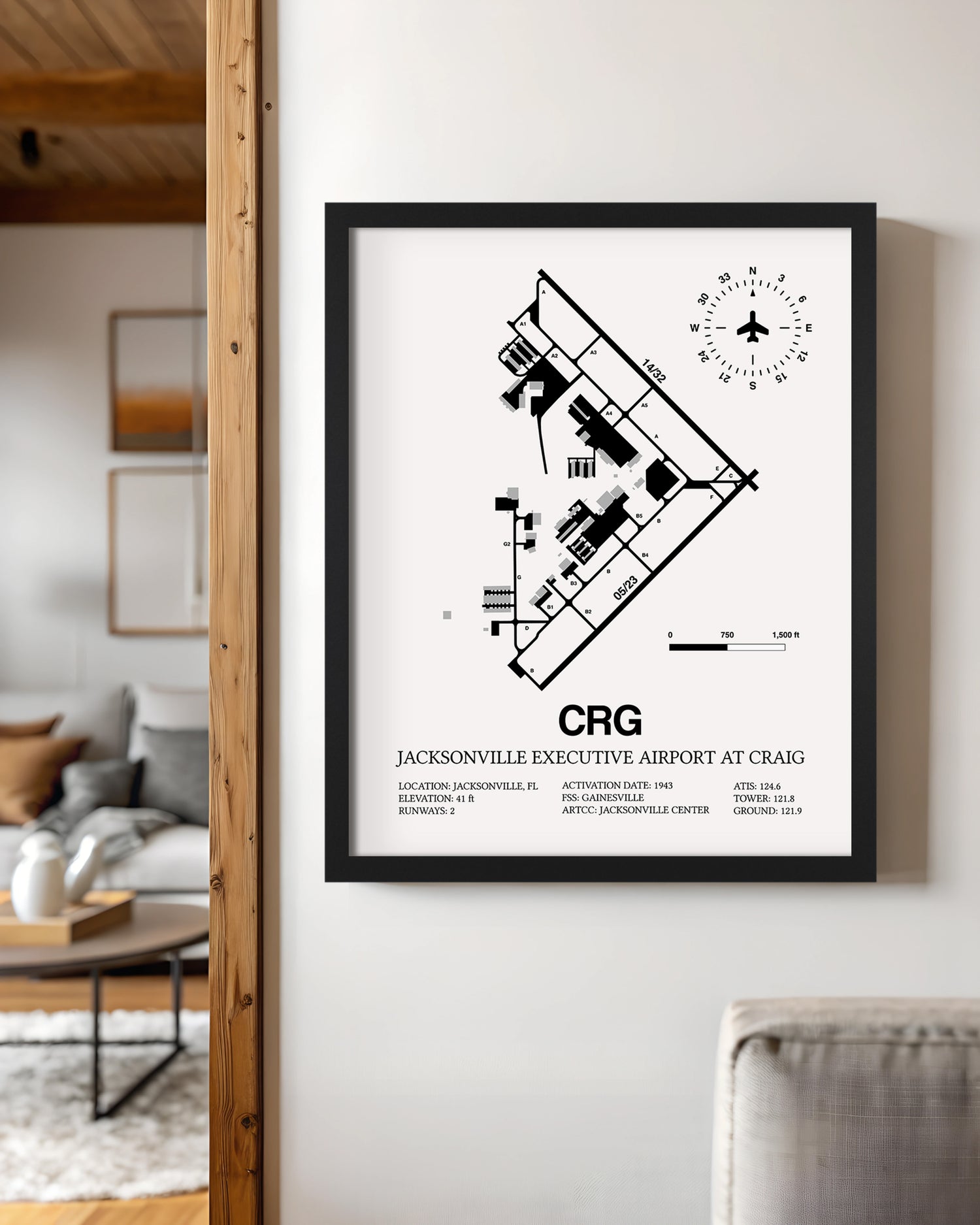 Framed Detailed Airport Map of Jacksonville Executive Airport at Craig (CRG) in White with a Black Frame