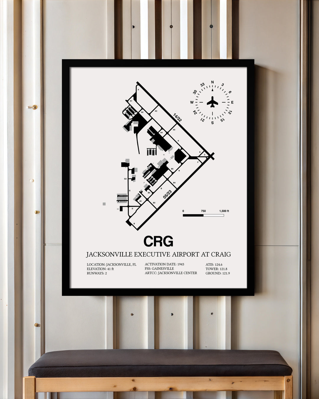 Framed Detailed Airport Map of Jacksonville Executive Airport at Craig (CRG) in White with a Black Frame