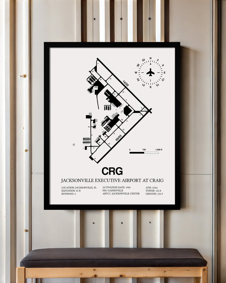 Framed Detailed Airport Map of Jacksonville Executive Airport at Craig (CRG) in White with a Black Frame
