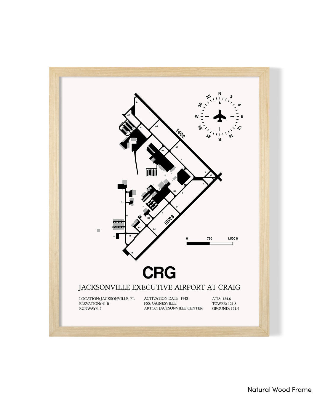 Detailed Airport Map of Jacksonville Executive Airport at Craig (CRG) in White with a Natural Frame