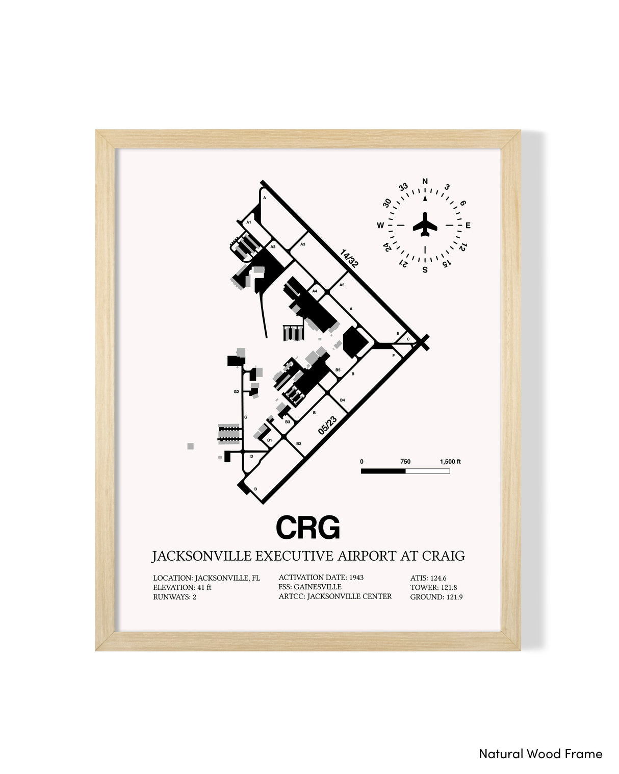 Detailed Airport Map of Jacksonville Executive Airport at Craig (CRG) in White with a Natural Frame