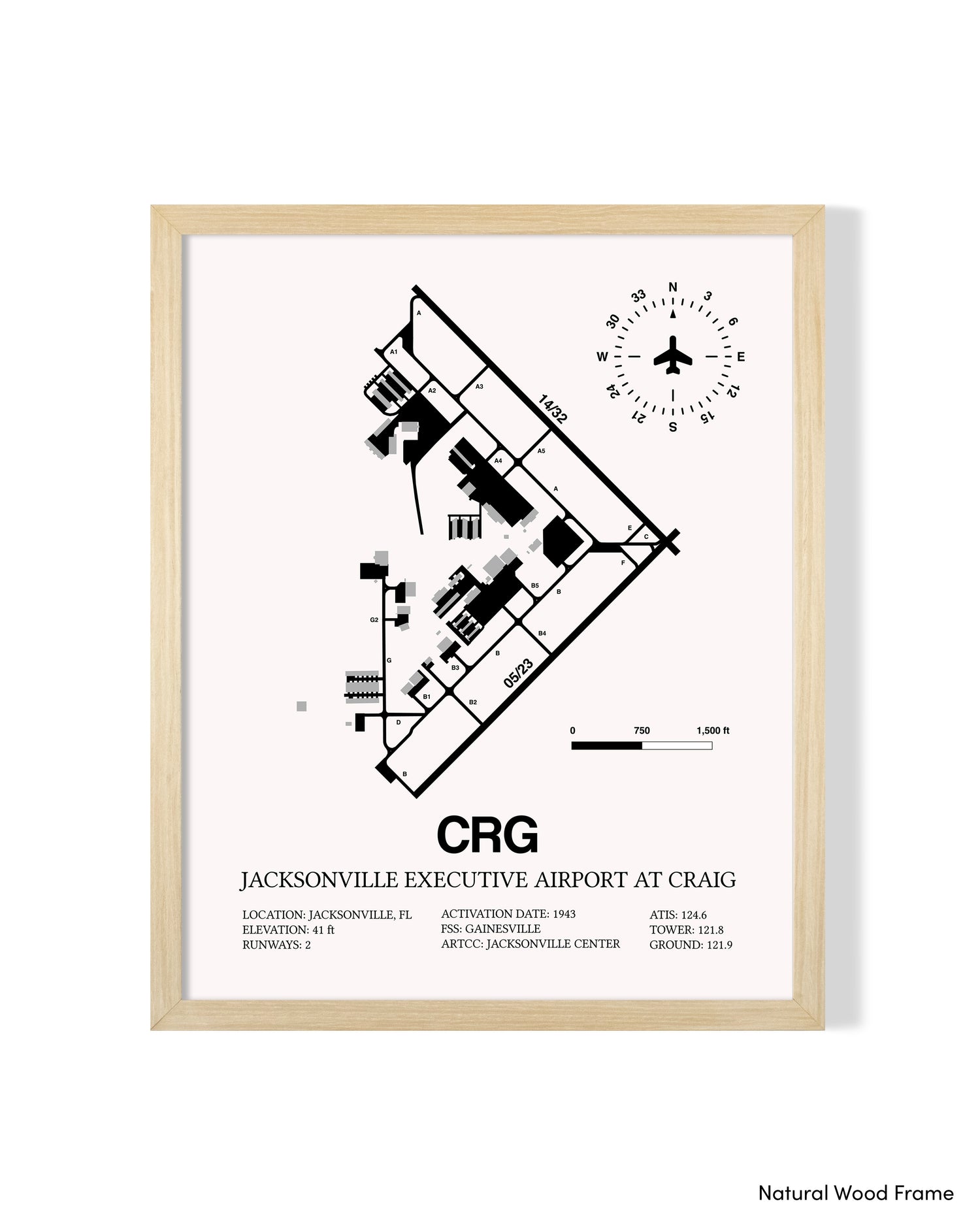 Detailed Airport Map of Jacksonville Executive Airport at Craig (CRG) in White with a Natural Frame