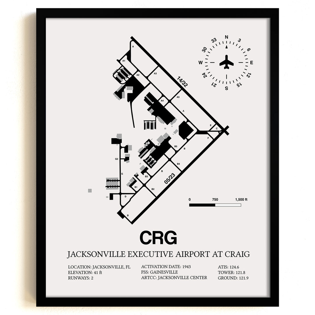 Framed Detailed Airport Map of Jacksonville Executive Airport at Craig (CRG) in White with a Black Frame