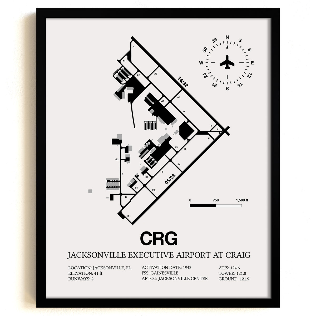 Framed Detailed Airport Map of Jacksonville Executive Airport at Craig (CRG) in White with a Black Frame