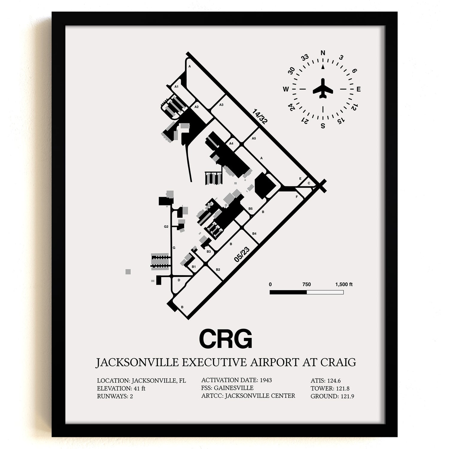 Framed Detailed Airport Map of Jacksonville Executive Airport at Craig (CRG) in White with a Black Frame