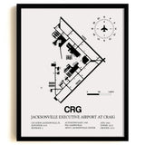 Framed Detailed Airport Map of Jacksonville Executive Airport at Craig (CRG) in White with a Black Frame