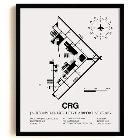 Framed Detailed Airport Map of Jacksonville Executive Airport at Craig (CRG) in White with a Black Frame