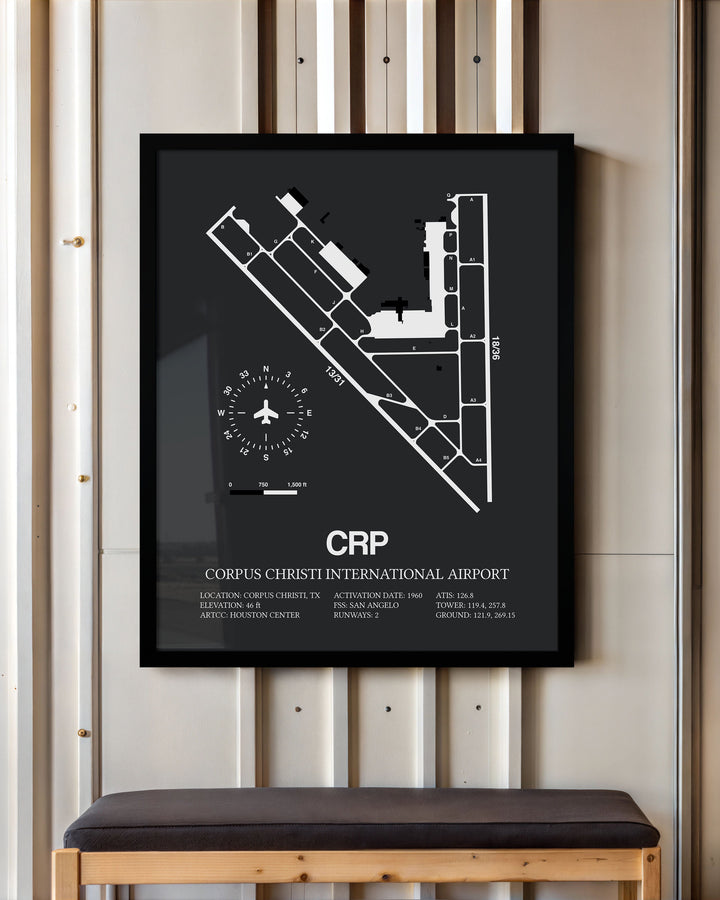 Framed Detailed Airport Map of Corpus Christi International Airport (CRP) in Gray with a Black Frame