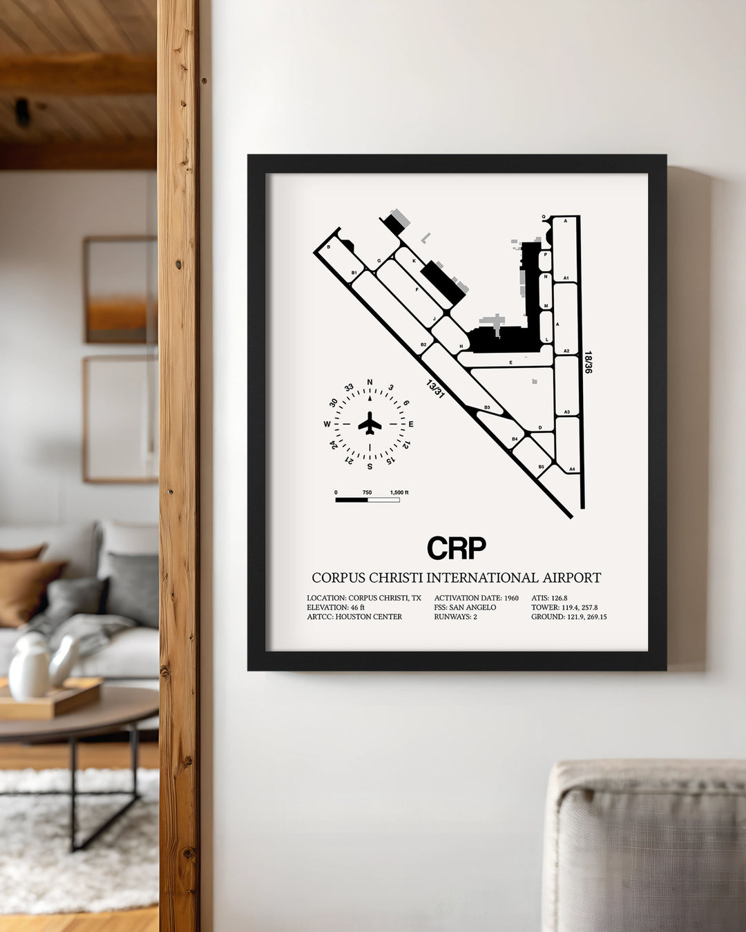 Framed Detailed Airport Map of Corpus Christi International Airport (CRP) in White with a Black Frame