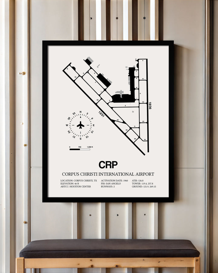 Framed Detailed Airport Map of Corpus Christi International Airport (CRP) in White with a Black Frame