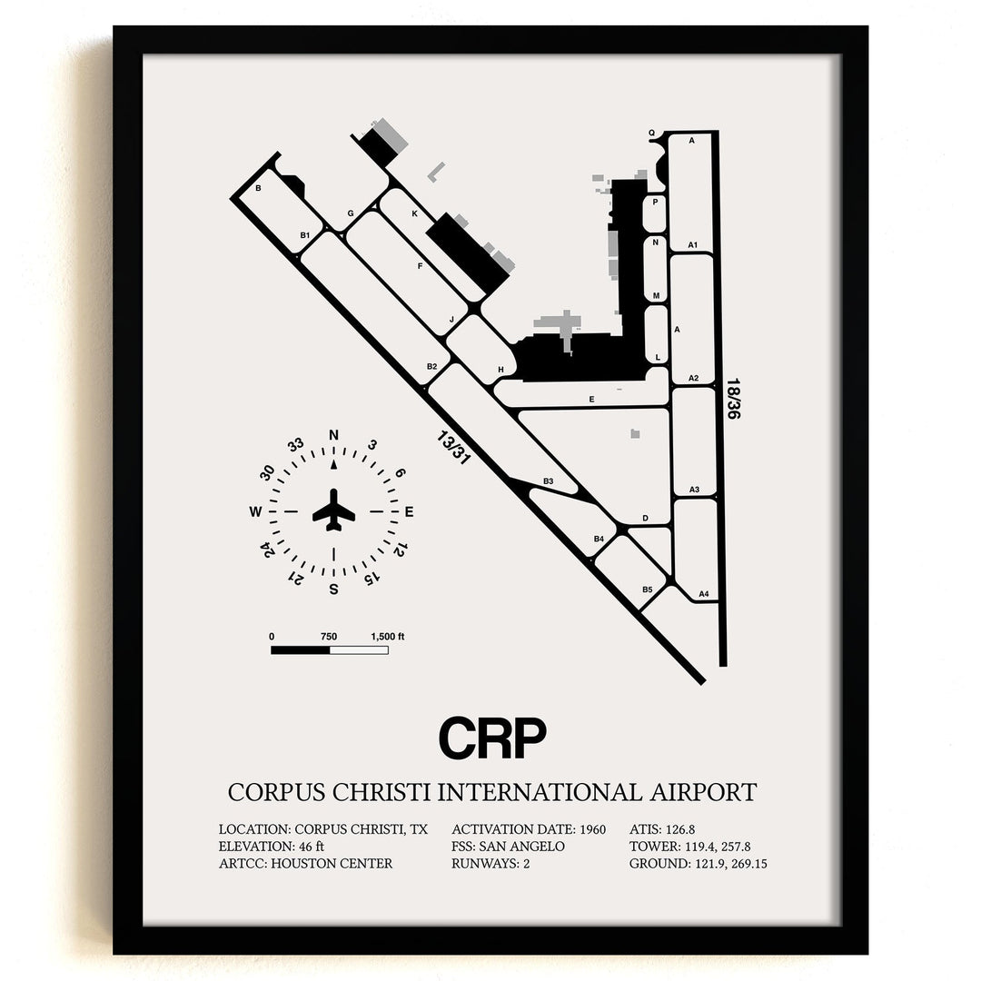 Framed Detailed Airport Map of Corpus Christi International Airport (CRP) in White with a Black Frame