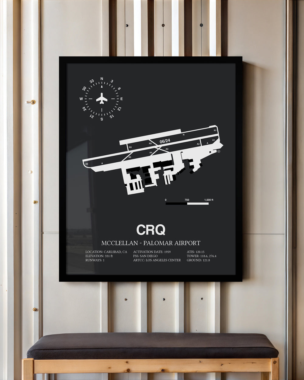 Framed Detailed Airport Map of McClellan-Palomar Airport (CRQ) in Gray with a Black Frame