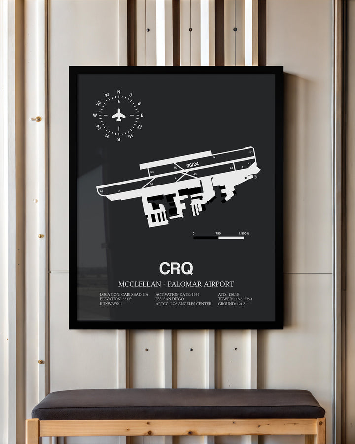Framed Detailed Airport Map of McClellan-Palomar Airport (CRQ) in Gray with a Black Frame